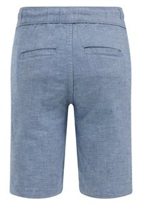 Shorts bleu clair arrivant au genou avec passants de ceinture et deux poches arrière horizontales passepoilées, vus de dos.