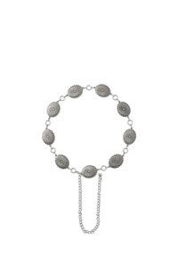 Collana in tonalità argento con medaglioni ovali decorati da motivi a raggiera, collegati da anelli, e un'estensione della catena per la regolazione.