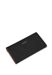 Black textured wallet with a smooth finish and gold logo. Features a slim rectangular shape and contrasting orange interior.