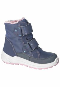 Botas impermeables de color navy con forro de piel sintética rosa, dos correas de velcro con patrón de estrellas y una suela blanca-rosa, diseñadas para brindar calidez y comodidad.
