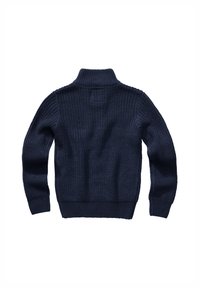 Tumši zils, biezs adīts džemperis ar garām piedurknēm, ribotām aprocēm un apakšmalu, redzams no aizmugures uz baltā fona.