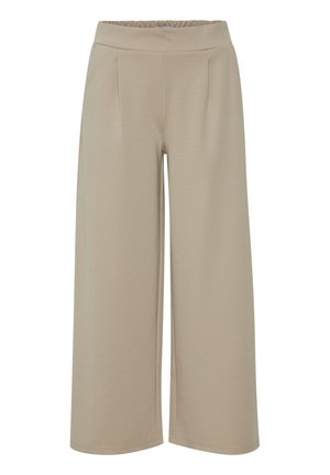 Beige Weitbein-Hosen mit elastischem Bund, vorderen Falten, weichem Material und lockerer Passform.