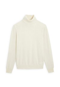 Cremefarbener Rollkragenpullover aus weichem Stoff, mit langen Ärmeln und einer taillierten Passform, die eine glatte, einheitliche Textur aufweist.