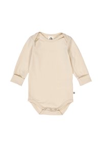Long-sleeve beige baby bodysuit, made of soft fabric, with a round neckline, snap closures at the bottom, and folded cuffs.