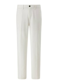 Pantalons tailleur blancs en tissu lisse, dotés d'une fermeture zippée, d'un bouton de fermeture et de poches latérales avec une coupe droite.