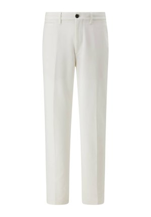 White tailored trousers made of smooth fabric, featuring a zip fly, button closure, and side pockets with a straight leg design.