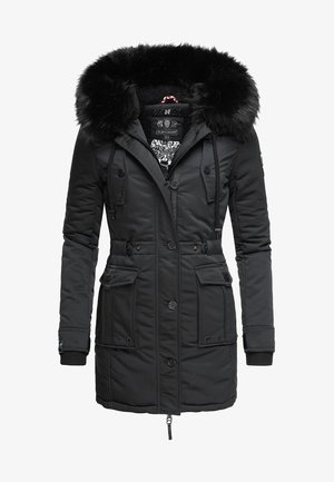 Black insulated parka jacket with a faux fur hood, zip and button closure, four exterior pockets, and elastic cuffs. Textured fabric.