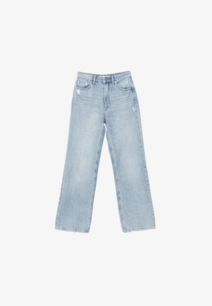 Jeans azzurri chiaro a vita alta con gamba larga, tasche frontali, chiusura con bottone e cerniera, e sottili dettagli consumati sulle cosce.