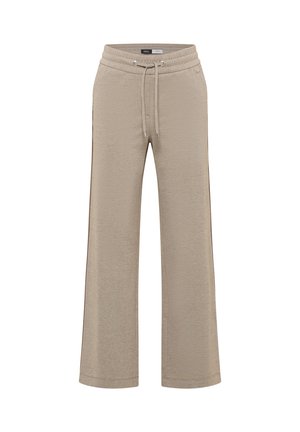 Pantalons de survêtement larges beige avec taille à cordon, fabriqués en tissu doux. Comprend deux poches latérales et une finition texturée.
