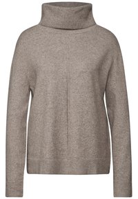 Beige Pullover mit hohem Kragen, gerippten Bündchen und Saum. Aus weichem, strukturiertem Material gefertigt, mit lockerer Passform und Nahtdetails.