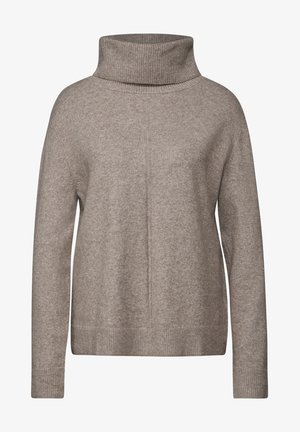 Pull beige à col montant, avec des poignets et un ourlet côtelés. Fabriqué dans un matériau doux et texturé, avec une coupe décontractée et des détails de couture.