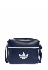 Niebieska syntetyczna torebka na ramię z białymi akcentami, ozdobiona przednim logo i zamkiem błyskawicznym. Prostokątny kształt z fakturowaną powierzchnią.