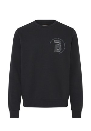 Schwarzes Sweatshirt mit Rundhalsausschnitt und langen Ärmeln, mit einem kleinen weißen runden Logo auf der linken Brust, das den Buchstaben B und Text zeigt.