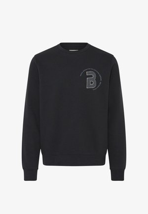 Schwarzes Sweatshirt mit Rundhalsausschnitt und langen Ärmeln, mit einem kleinen weißen runden Logo auf der linken Brust, das den Buchstaben B und Text zeigt.