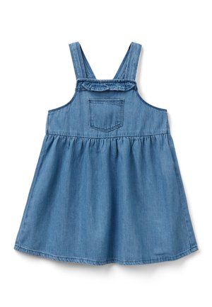 Blå denim ærmeløs kjole til småbørn med indsnævret talje, detaljer med flæsekant ved halsudskæringen og lomme foran på brystet.