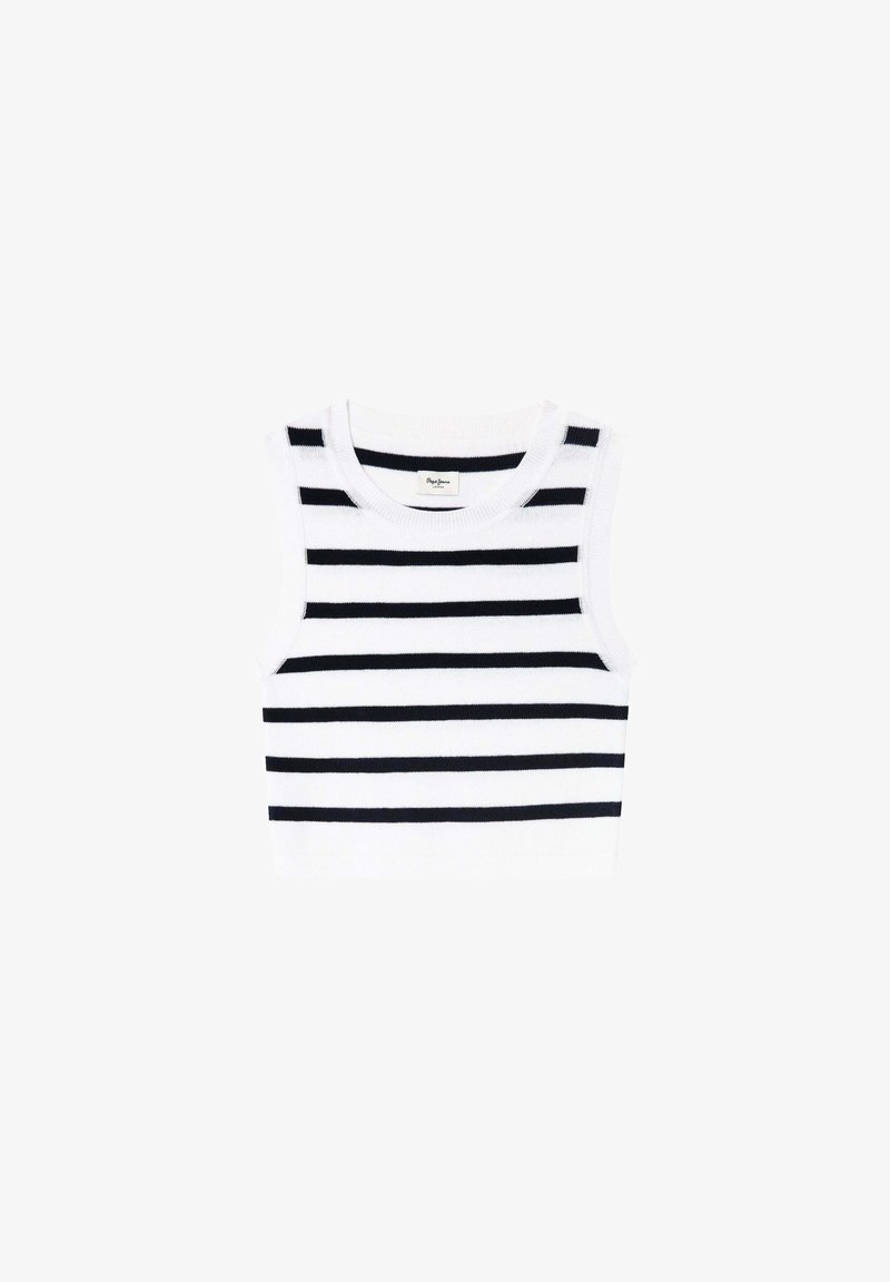 Balta be rankovių trumpa viršutinė su horizontaliomis tamsiai mėlynomis juostelėmis, su raukšlėtu paviršiumi ir apvaliu iškirpimu. Etiketė matoma viduje kaklo.