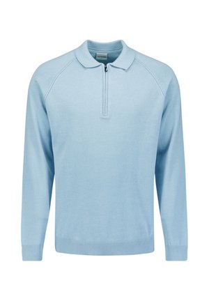Light blue long-sleeve pullover with a zippered collar, made of soft fabric, featuring ribbed cuffs and hem, and a relaxed fit.