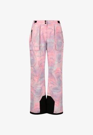 Pantaloni da sci a fantasia rosa e grigia caratterizzati da una vestibilità ampia, due grandi tasche frontali e dettagli neri sui polsini e sulla vita.