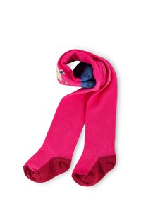 Rosa Strumpfhosen mit kontrastierenden dunkelrosa Zehenakzenten und einem floralen Design am Bund. Hergestellt aus weichem, dehnbarem Material, geeignet für verschiedene Outfits.