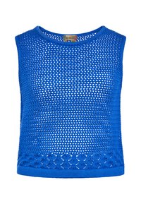 Kék, ujjatlan crop top, amely nyitott kötésű anyagból készült, szilárd kék szegéllyel, alján díszes mintázattal.