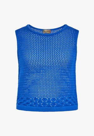 Kék, ujjatlan crop top, amely nyitott kötésű anyagból készült, szilárd kék szegéllyel, alján díszes mintázattal.