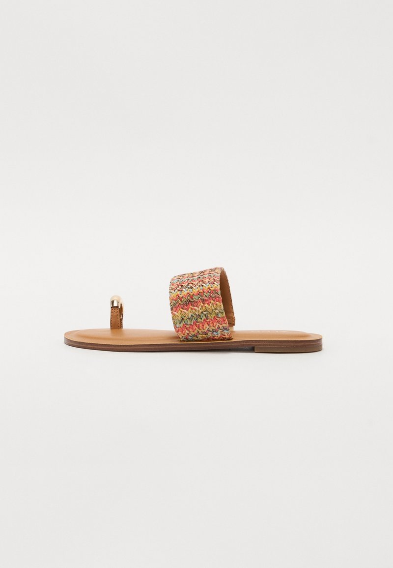 Sandale plate marron avec une large sangle tissée multicolore sur le pied et une petite boucle pour orteil avec un accent doré sur fond blanc.