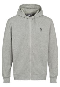 Felpa zip grigia chiara con cappuccio regolabile e un piccolo logo di cavallo nero sul lato sinistro del petto. Tessuto morbido, design casual.