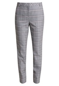 Pantalon à carreaux gris présentant une coupe ajustée, un tissu léger, une texture lisse et un devant plat avec passants pour ceinture.