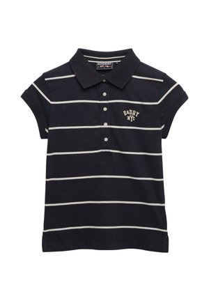 Polo bleu marine à manches courtes avec des rayures blanches horizontales, patte de boutonnage et broderie "S&DRY NYC" sur la poitrine.
