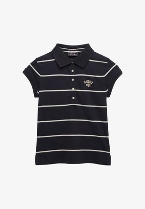 Navyblauw poloshirt met korte mouwen, witte horizontale strepen, knoopsluiting en "S&DRY NYC" borduursel op de borst.