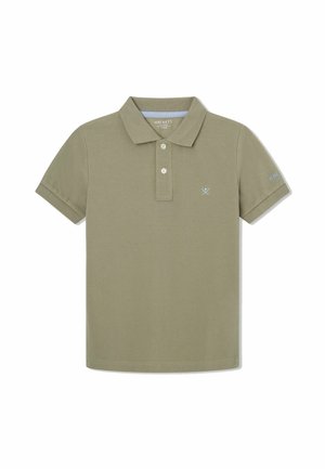Olivengrøn kortærmet polo med to knapper, små broderede krydsede årer på brystet og brandnavn på venstre ærme.