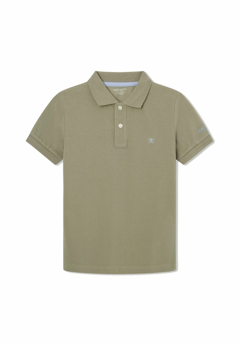 Polo vert olive à manches courtes avec deux boutons, petites rames croisées brodées sur la poitrine et nom de la marque sur la manche gauche.