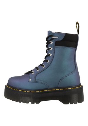 Ankle-high, blue gradient combat boot with black mesh at the top, rounded toe, silver hardware, and a thick black sole with yellow stitching.
