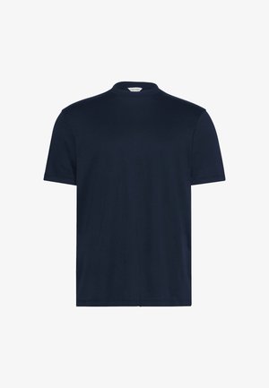 T-shirt bleu marine à manches courtes en coton doux, doté d'un col montant et d'une coupe décontractée avec une texture lisse et des lignes épurées.