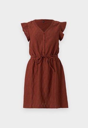 Haljina boje hrđe od teksturiranog materijala, s V-izrezom, kratkim naboranim rukavima, kopčanjem na gumbe i detaljem vezanja u struku.