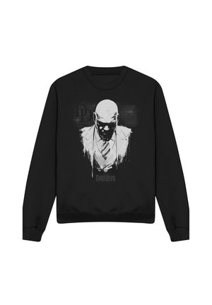Black sweatshirt featuring a stylized white illustration of a bald man in a suit with a tie, with "Daredevil" text below.