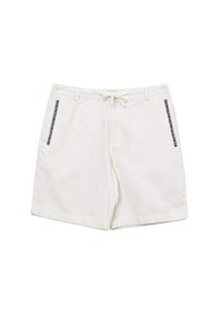Shorts bianchi in lino con vestibilità comoda, vita con cordoncino e tasche laterali con bordo a motivo nero.