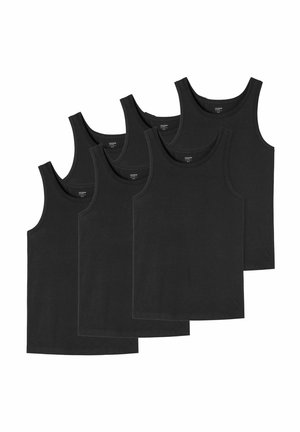 Sechs schlichte schwarze ärmellose Tanktops, angeordnet in zwei sich überlappenden Reihen auf weißem Hintergrund.