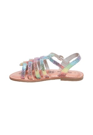 Rainbow-hued slingback sandals featuring multiple decorative straps, a pebbled texture, and a light pink insole with stitching details.