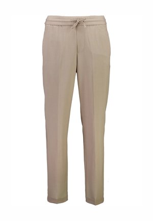 Pantalones beige confeccionados en tela ligera, con una cintura elástica con cordón y un diseño de pierna ajustada.