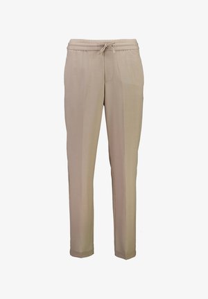 Beige housut, jotka on valmistettu kevyestä kankaasta, jossa on joustava vyötärö, jossa on kiristysnauha, sekä kapeneva lahjetta.