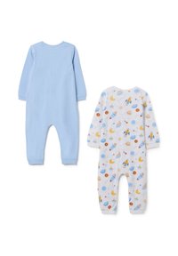 Twee baby rompertjes: één lichtblauw effen kleur, de ander wit met een meerkleurig ruimte-thema patroon met raketten, eenden en planeten.