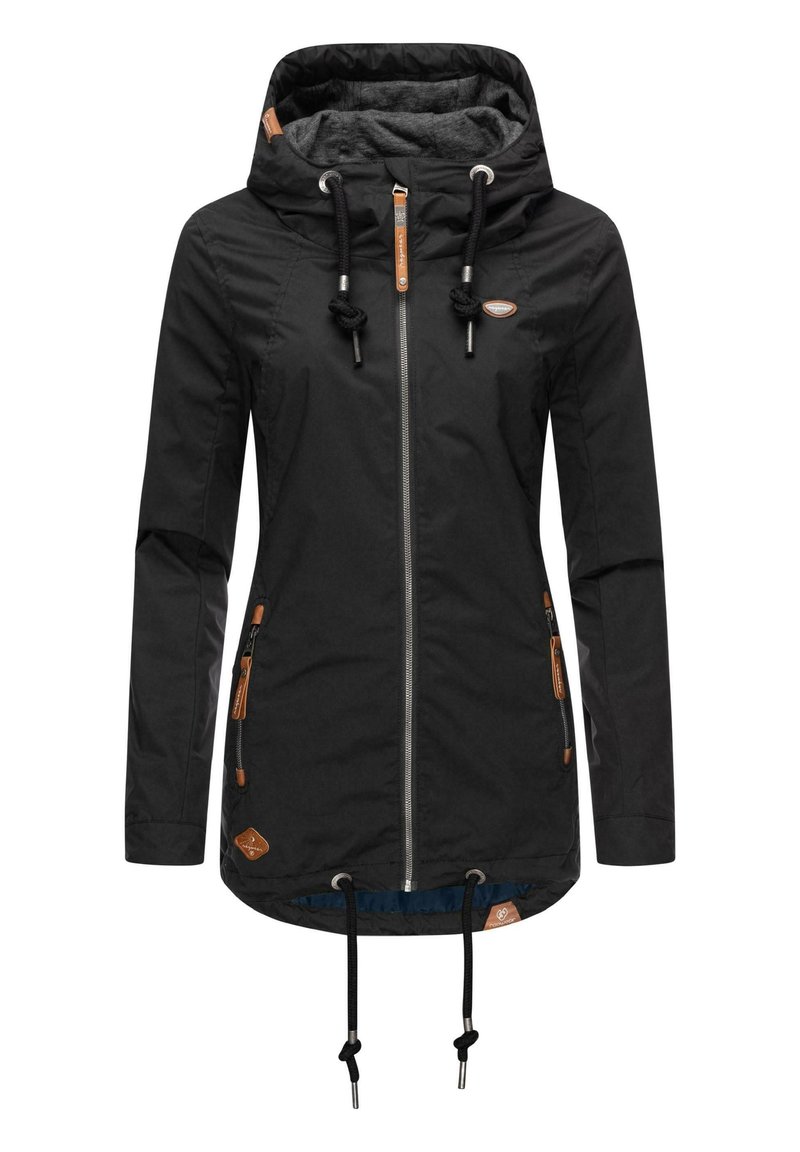 Czarna wodoodporna kurtka z kapturem, z zapięciem na zamek błyskawiczny i regulowanymi sznurkami. Wyposażona w skórzane akcenty i przednie kieszenie zapinane na zamek.