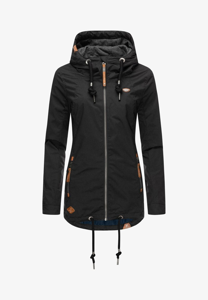Czarna wodoodporna kurtka z kapturem, z zapięciem na zamek błyskawiczny i regulowanymi sznurkami. Wyposażona w skórzane akcenty i przednie kieszenie zapinane na zamek.