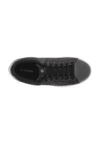 Schwarze Stoffturnschuhe mit strukturiertem Obermaterial, runden Zehen und Gummisohle. Mit schwarzen Schnürsenkeln und Logo auf der Innensohle.