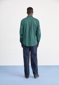 Grön långärmad skjorta med spetsig krage, bakfald och knappmanschetter, i kombination med marinblå byxor och mörka skor. Minimalistisk design.