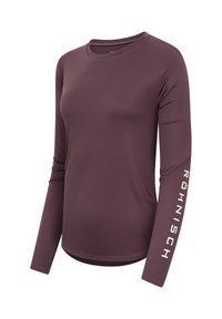 Langärmliges, kastanienfarbenes Sportshirt aus glattem, leichtem Stoff. Mit Rundhalsausschnitt und weißem Logo-Text entlang des linken Ärmels.