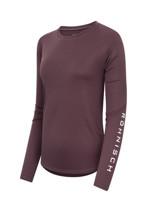 Maglietta sportiva a maniche lunghe di colore bordeaux realizzata in tessuto leggero e morbido. Presenta un collo rotondo e testo del logo bianco lungo la manica sinistra.