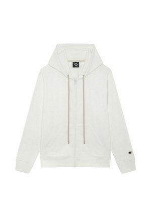 Sweat à capuche blanc zippé avec poches avant, capuche avec cordon de serrage, et un petit logo circulaire sur le poignet gauche.