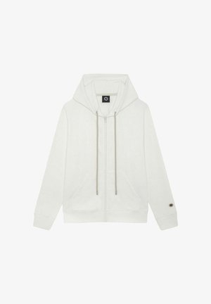Sweat à capuche blanc zippé avec poches avant, capuche avec cordon de serrage, et un petit logo circulaire sur le poignet gauche.